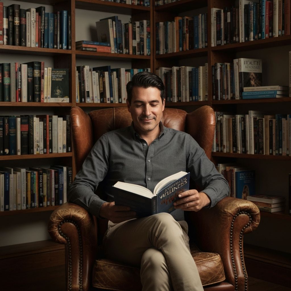 Man in contemplative pose reading about wellness in library-like environment