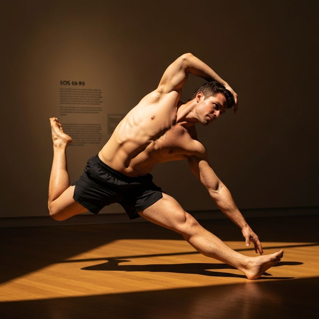 Man stretching and doing flexibility exercises with warm lighting