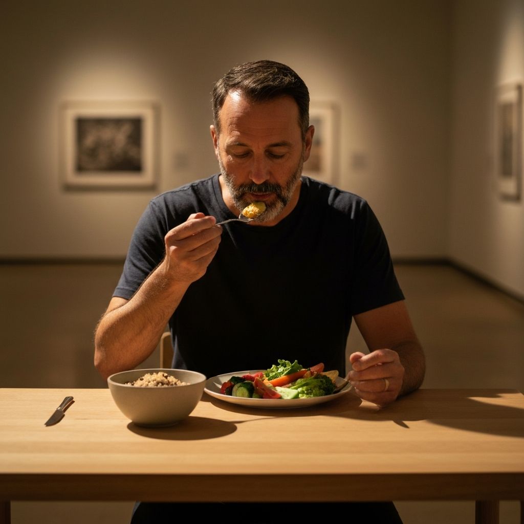 Man practicing mindful eating with healthy food in calm environment