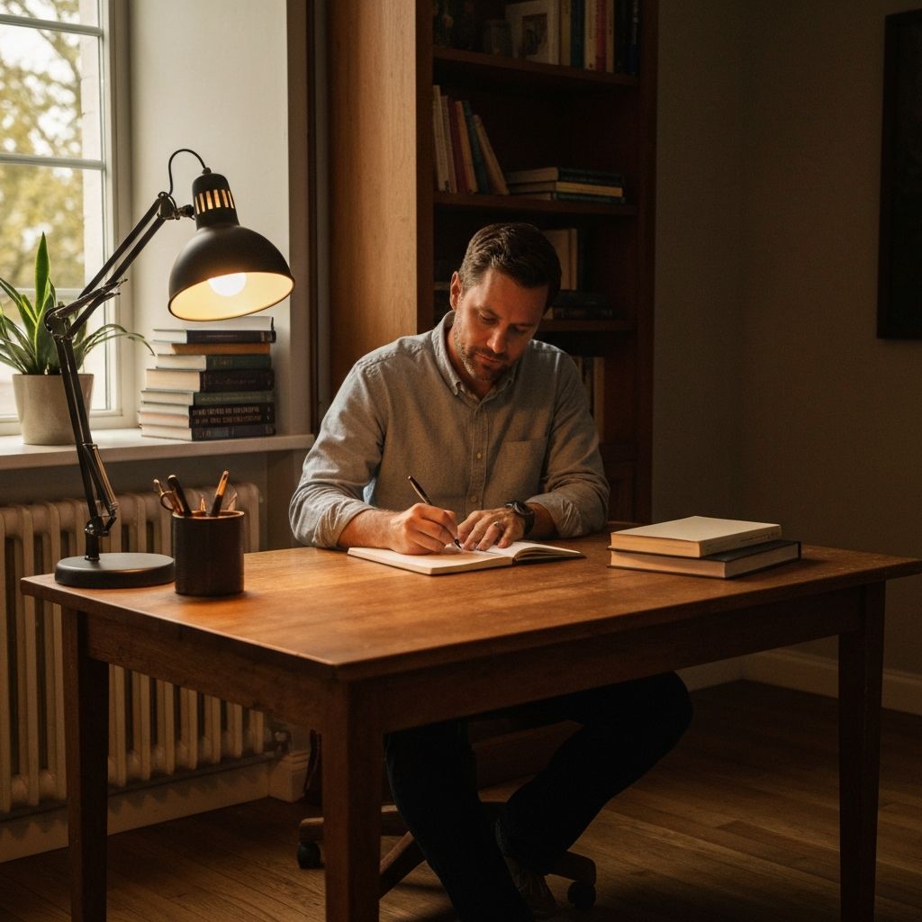 Man tracking progress and writing in journal establishing healthy habits