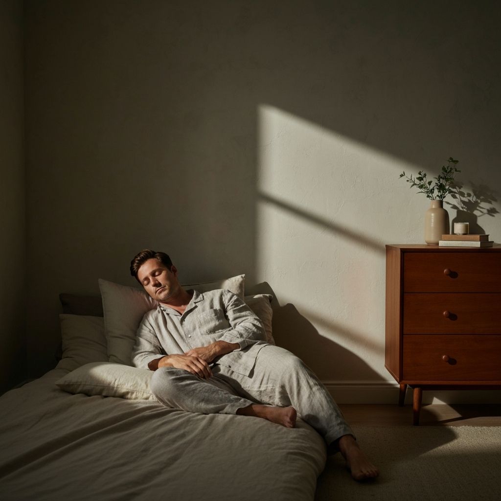 Man in restful sleep environment with soft warm lighting